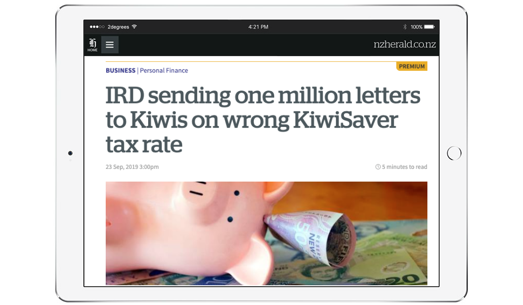 News website screenshot regarding IRD sending incorrect KiwiSaver tax rate