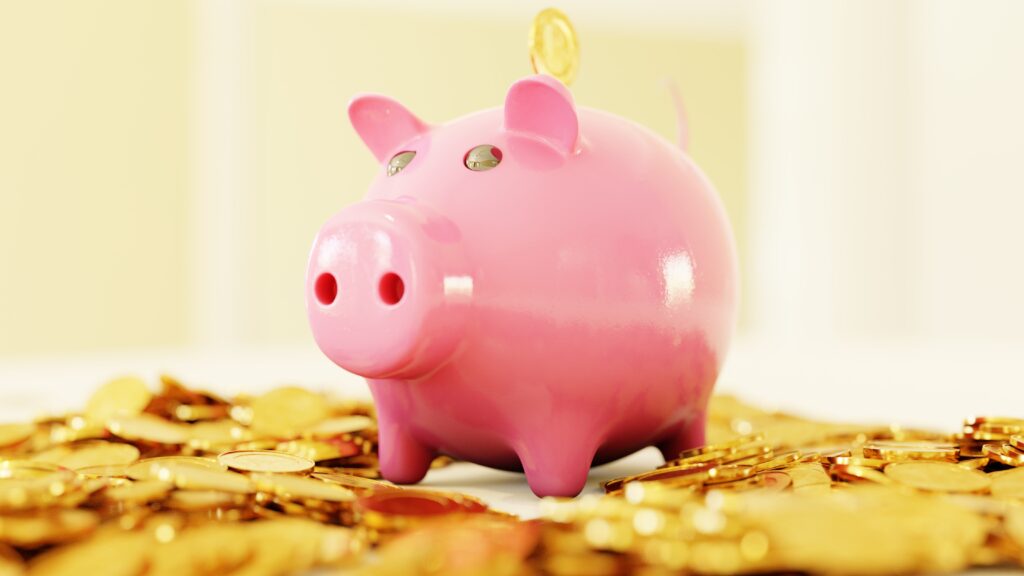 a pig toy with money around