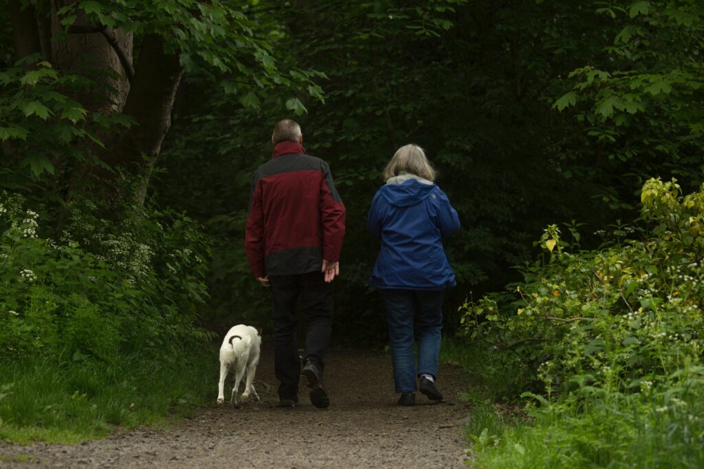 couple walking with their dog