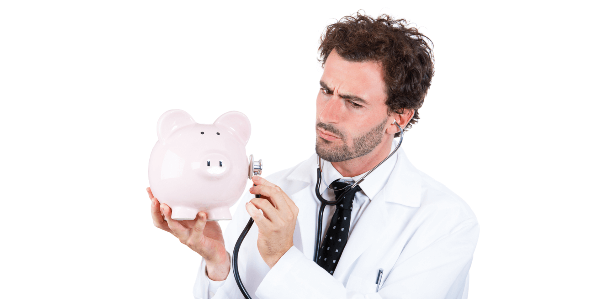 a person with doctor outfit listening on piggy bank